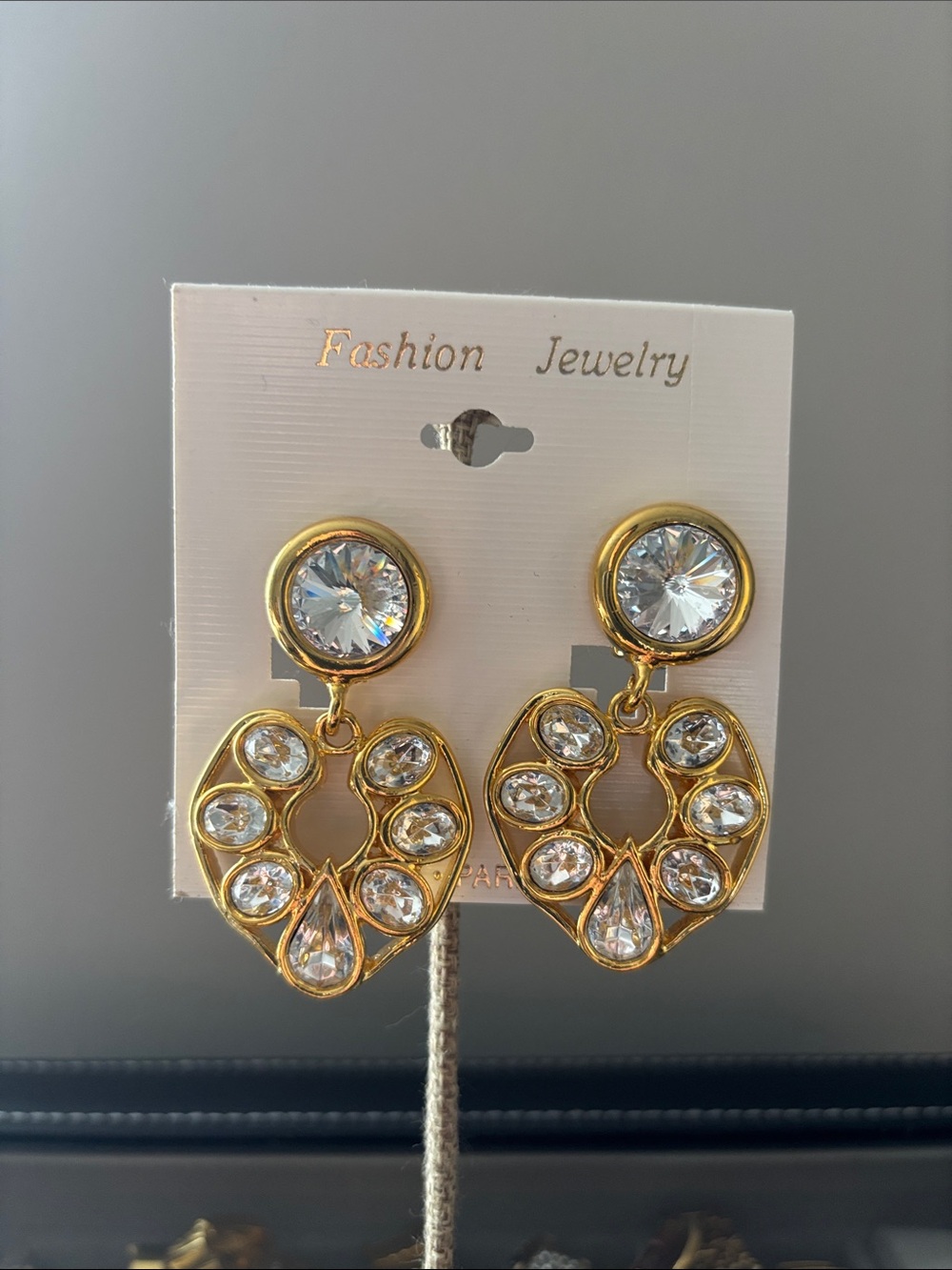 Dead Stock Clip On 90’s 2 1/4”Gold-Tone Crystal Drop Earrings